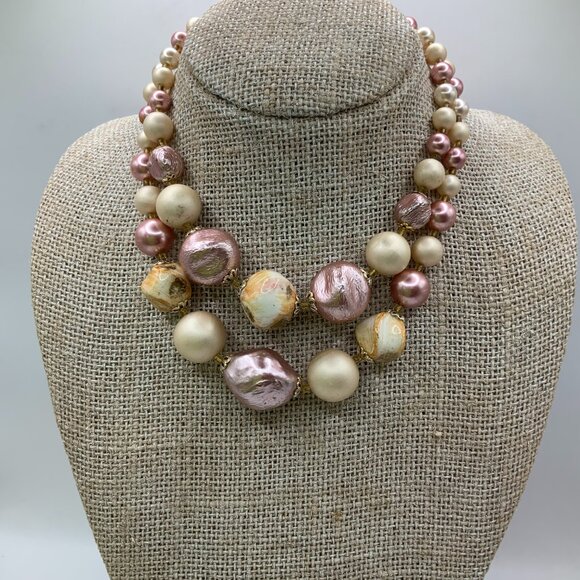 Japan Vintage Double Strands Pink Champagne Beaded Gold Tone Hook Clasp Necklace - Picture 2 of 5